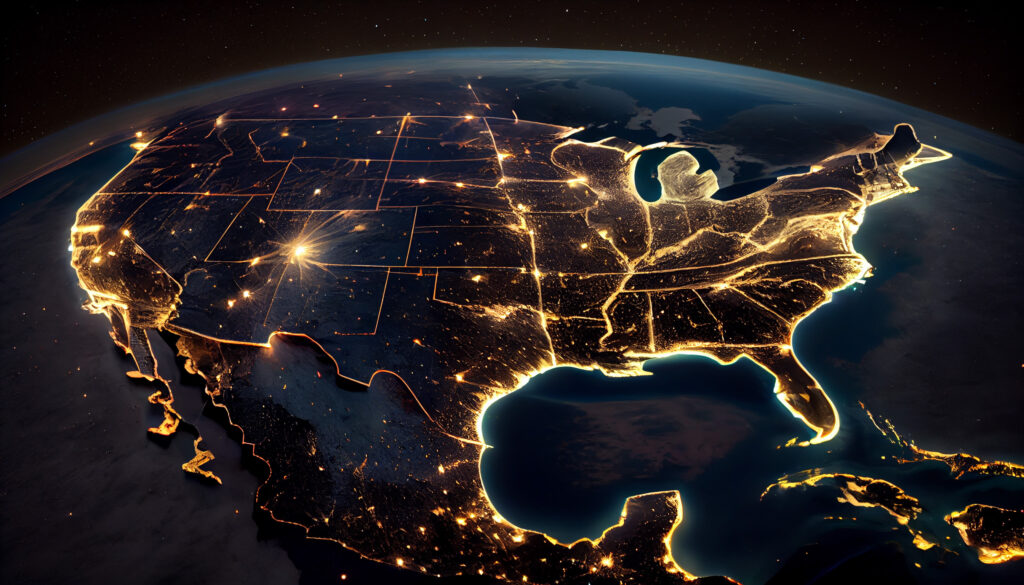 America at night viewed from space with city lights showing activity in United States. Technology, global communication, world.